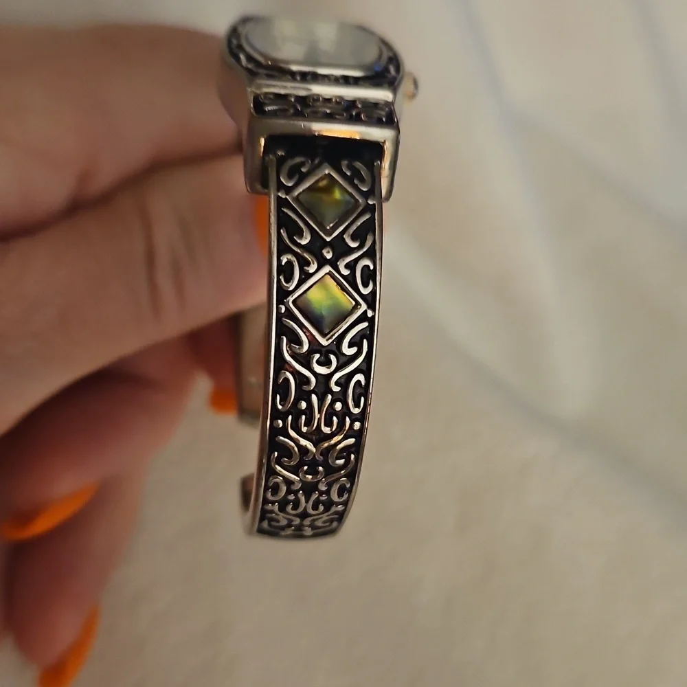 MZ BERGER Ornate Abalone Shell Cuff Watch